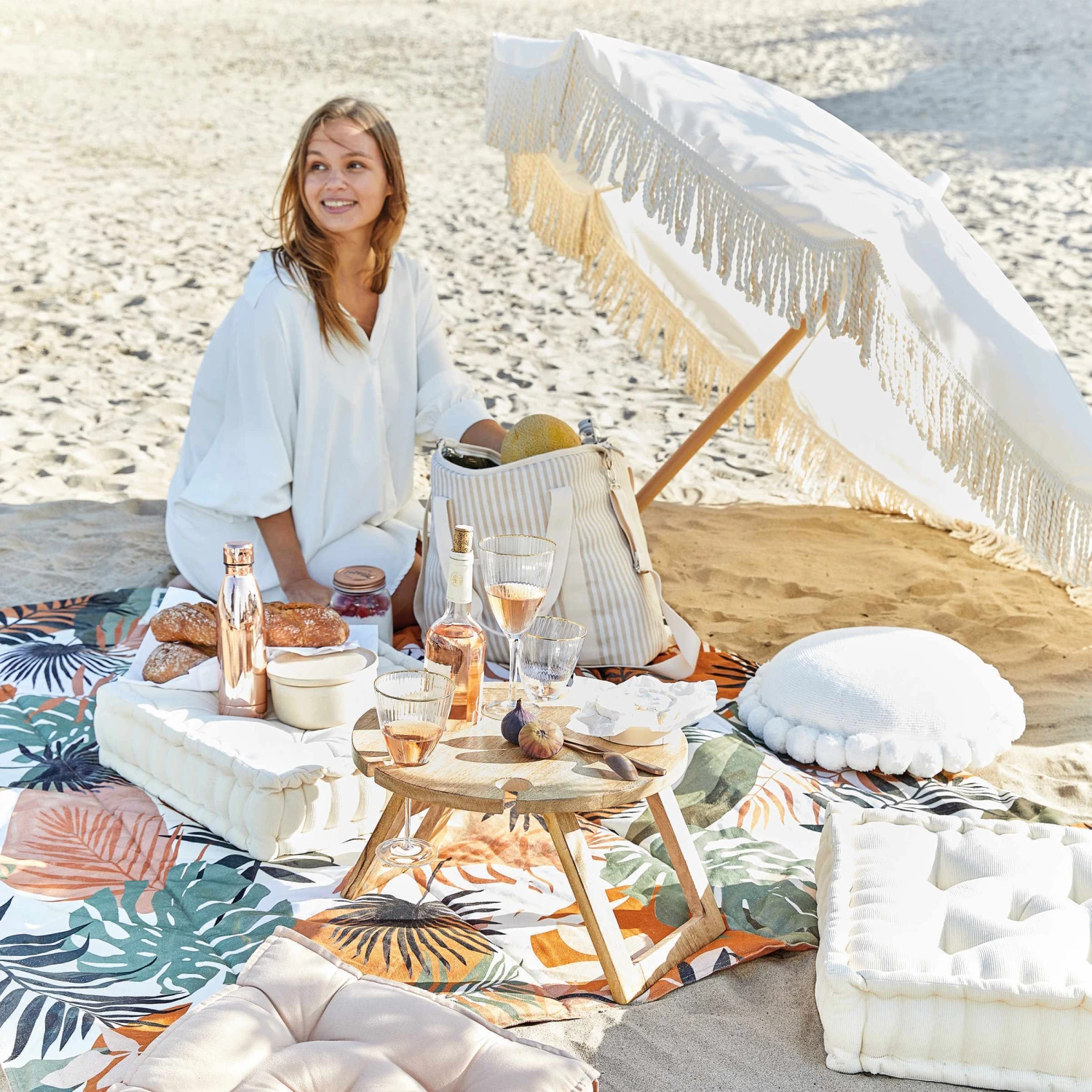 Strandschirm Mit Fransen Ø180cm BOHO LOUNGE In Creme – Bild 2